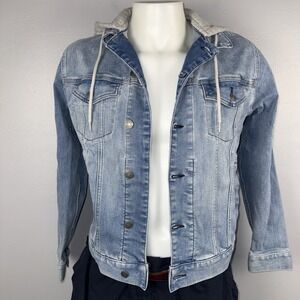 Express Jean Jacket Men's Small Blue And Gray Hooded Denim Trucker